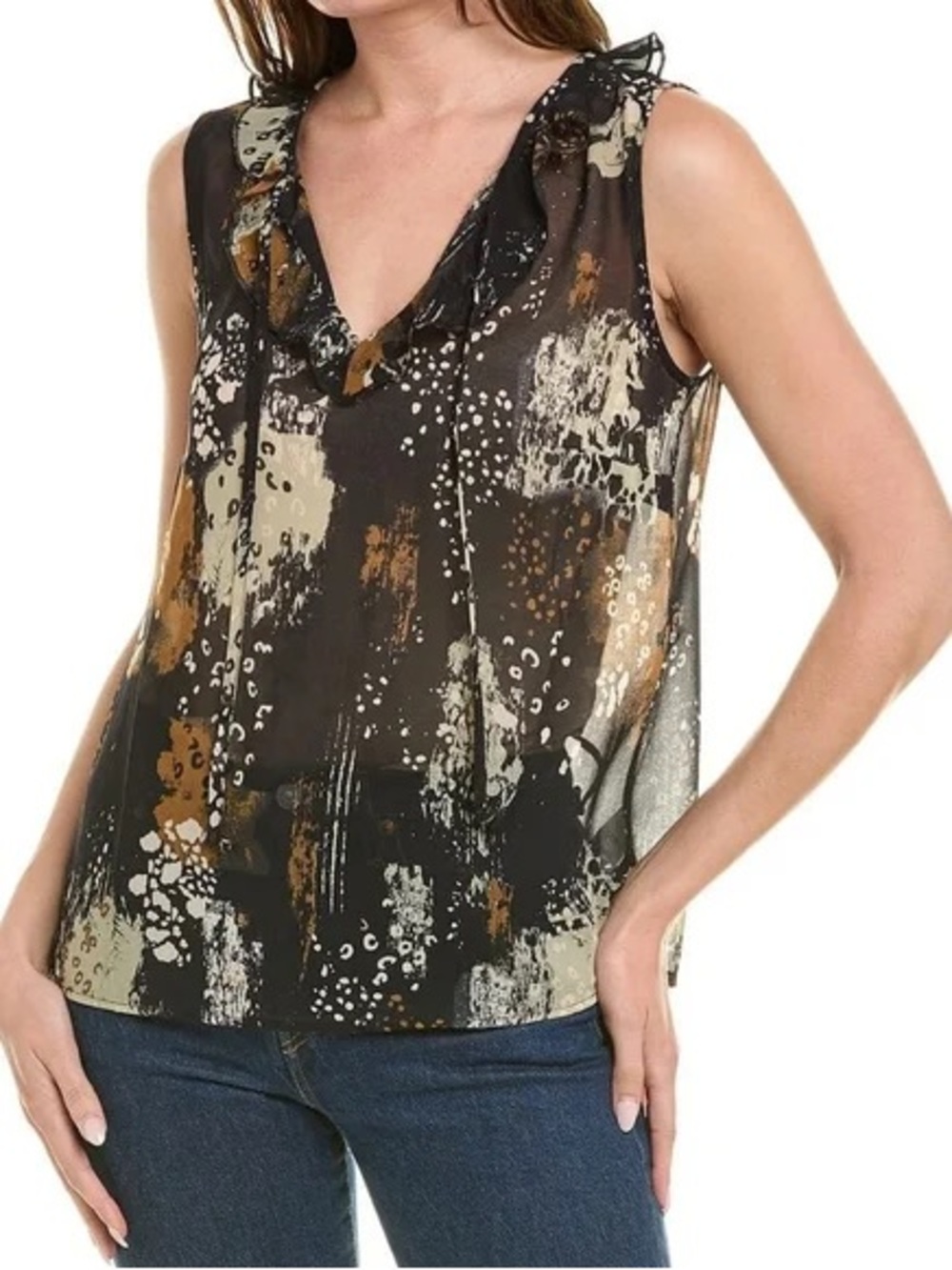 CAbi Abstract Ruffle V-Neck Sleeveless Top #4185 - Black/Brown/Cream, M